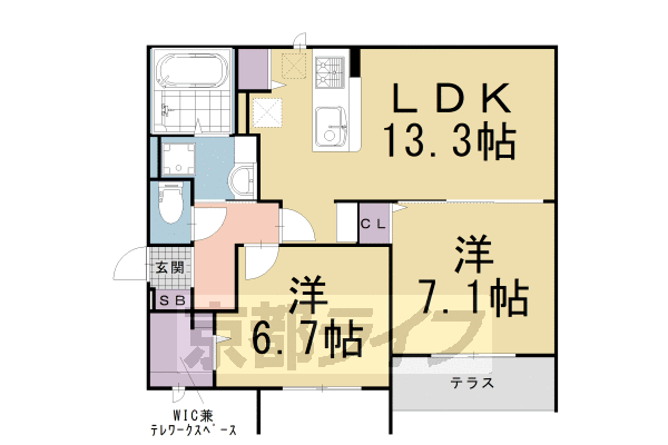 ■2LDK：洋6.7×洋7.1×LDK13.3(60.58㎡)