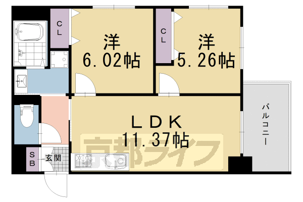 2LDK : 洋5.26×洋6.02×LDK11.37