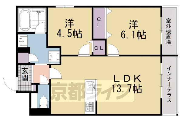 ■2LDK：洋6.1×洋4.5×LDK13.7(62.24㎡）