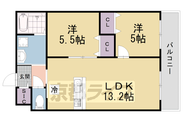 ■2LDK：洋5×洋5.3×LDK13.2(50.46㎡)