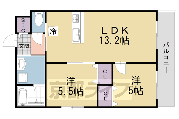 ■2LDK：洋5×洋5.3×LDK13.2(50.46㎡)