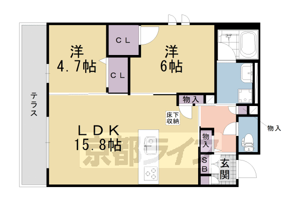 ■2LDK：洋4.7×洋6×LDK15.8(62.02㎡)