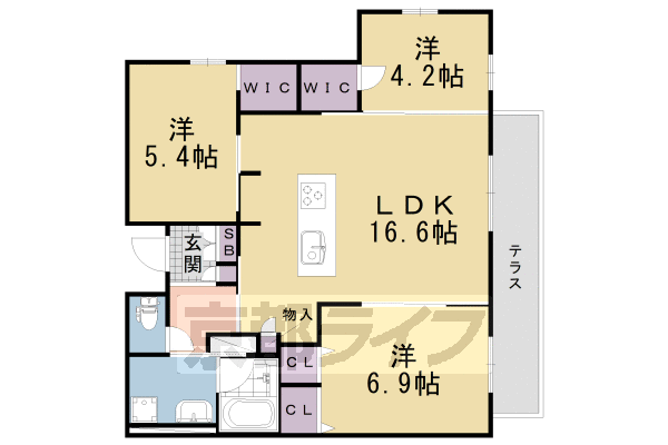 ■3LDK：洋4.2×洋5.4×洋6.9×LDK16.6(74.39㎡)