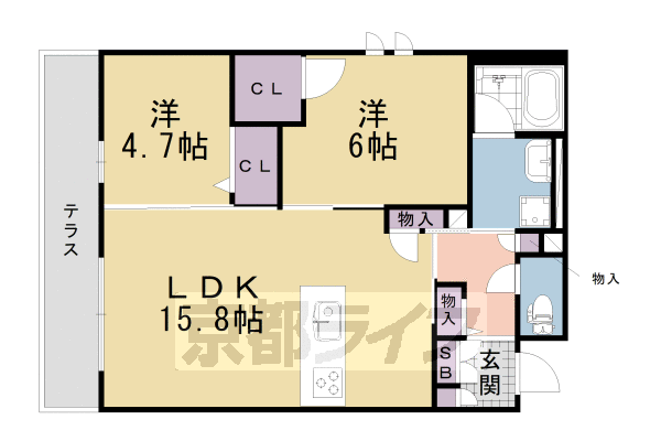■2LDK：洋4.7×洋6×LDK15.8(62.01㎡)