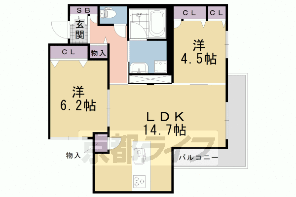 ■2LDK：洋4.5×洋6.2×LDK14.7(60.16㎡)