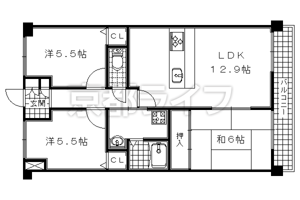 3LDK：和6×洋5.5×洋5.5×LDK12.9（66.35㎡）
