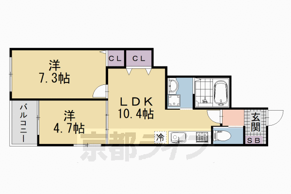 ■2LDK：洋4.7×洋7.3×LDK10.4(47.82 ㎡)