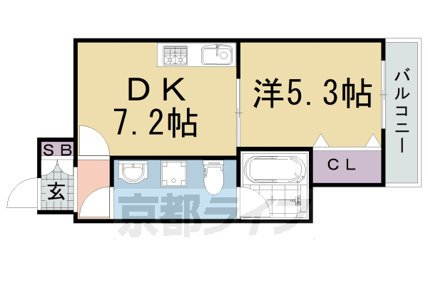 1DK：洋5.3×DK7.2(34.13㎡)