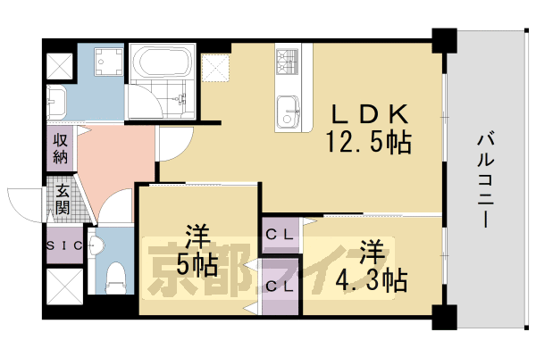 2LDK：洋5×洋4.3×LDK12.5（51.74 ㎡）