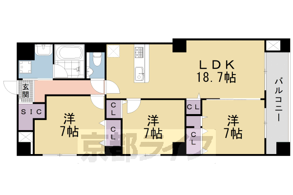 3LDK：洋7.1×洋7.0×洋7.0×LDK18.7（86.9 ㎡）