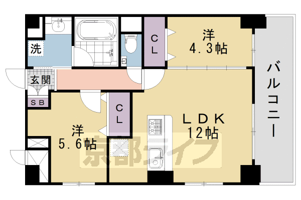 2LDK：洋4.3×洋5.6×LDK12.0（53.92 ㎡）