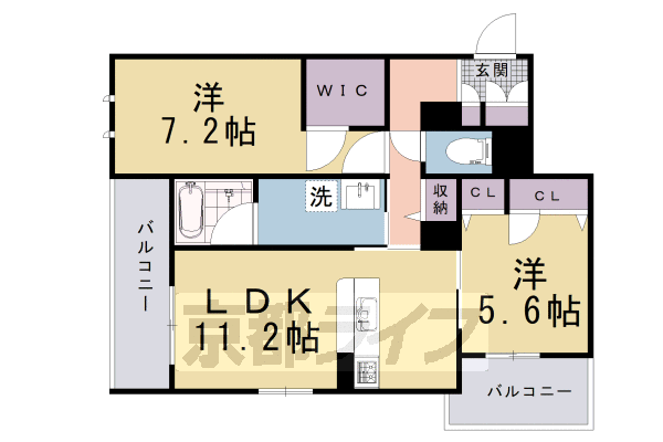 2LDK：洋5.6×洋7.2×LDK11.2（60.39㎡）