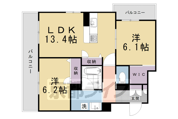 2LDK：洋6.1×洋6.2×LDK13.4（63.11㎡）
