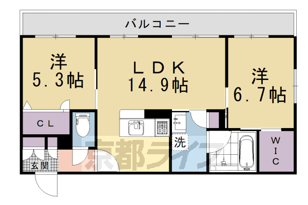 2LDK：洋5.3×洋6.7×LDK14.9（61.37㎡）