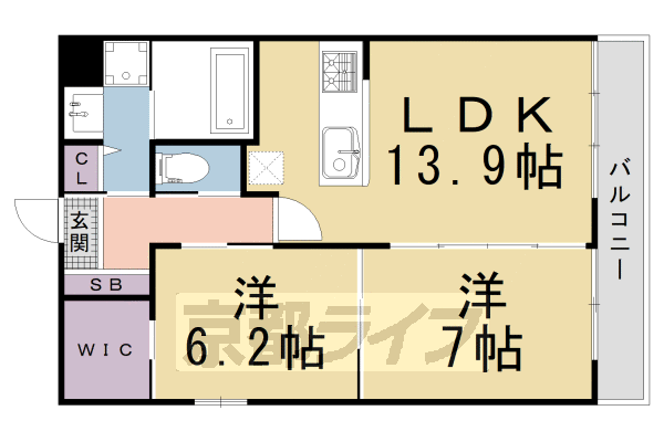 2LDK:洋6.2×洋7×LDK13.9(60.73㎡)
