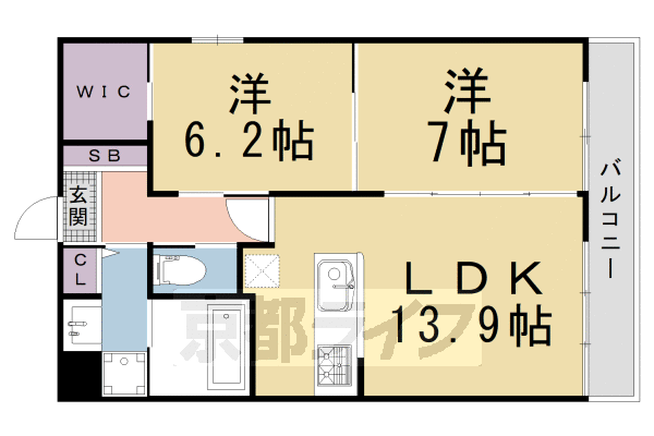2LDK:洋6.2×洋7×LDK13.9(60.73㎡)