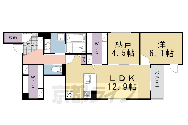 1SLDK：洋6.1×納4.5×LDK12.9(66.6㎡)