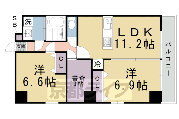 ■2SLDK：洋6.9×洋6.6×納3.0×LDK11.2(59.74 ㎡)