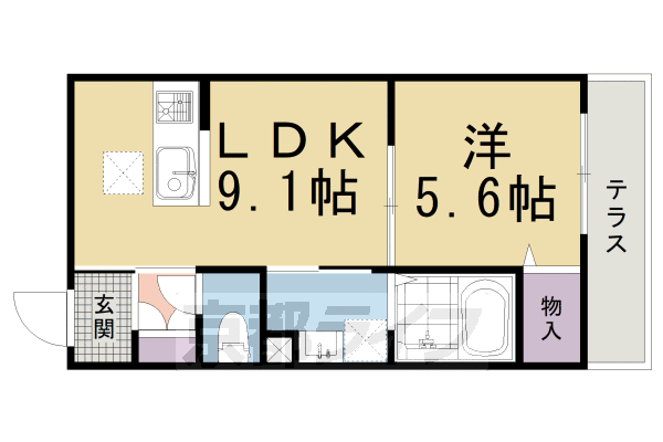 1LDK：洋5.6×LDK9.1（36.41㎡）