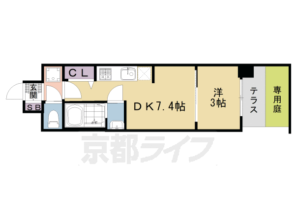 1DK：洋3×DK7.4（25.65㎡）