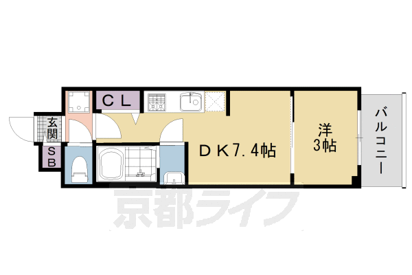 1DK：洋3×DK7.4（25.65㎡）
