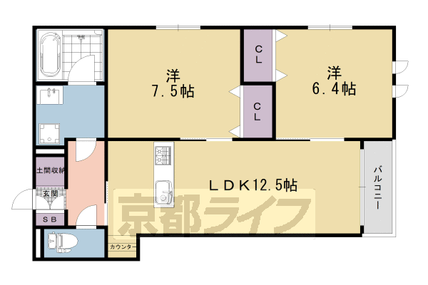 2LDK：洋7.5×洋6.4×LDK12.5（62.96㎡）