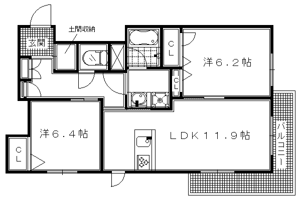 2LDK：洋6.2×洋6.4×LDK11.9（61.93㎡）