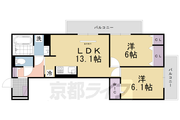 2LDK：洋6.1×洋6.1×LDK13.1(59.52㎡)