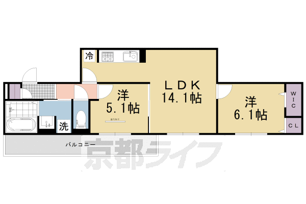 2LDK：洋6.1×洋5.1×LDK14.1(57.37㎡)