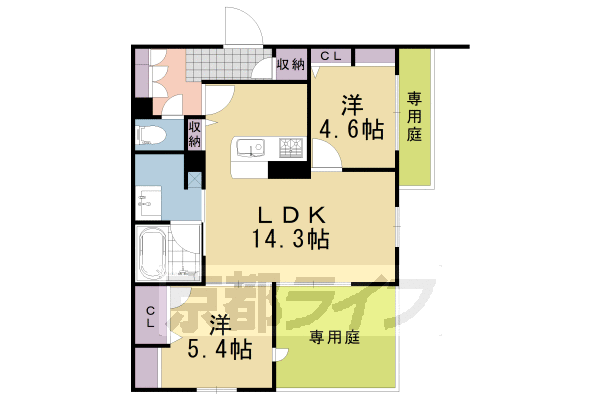 2LDK：洋5.4×洋4.6×LDK14.3（58.12㎡）