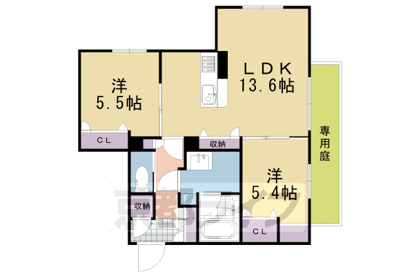 2LDK：洋5.5×洋5.4×LDK13.6（60.06㎡）