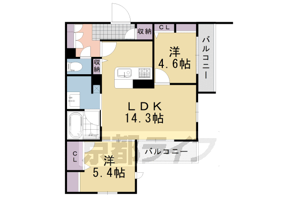 2LDK：洋5.4×洋4.6×LDK14.3（58.12㎡）
