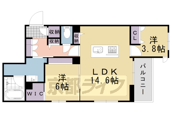 2LDK：洋6×洋3.8×LDK14.6（61.55㎡）
