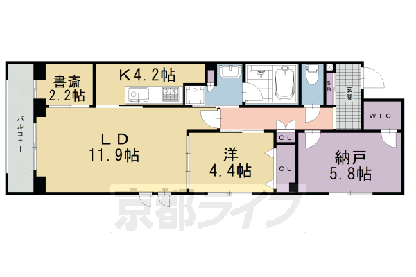 1SLDK：洋4.4×納5.8×LD11.9×K4.2(66.85㎡)