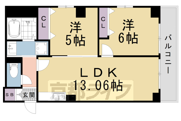 2LDK：洋5×洋6×LDK13.6（51.84㎡）