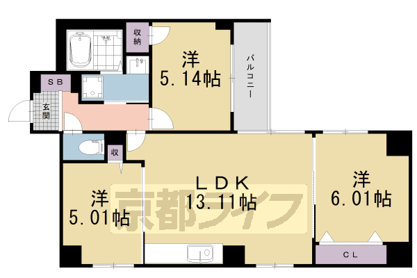 3LDK：洋5.01×洋6.01×洋5.14×LDK13.11（63.6㎡）