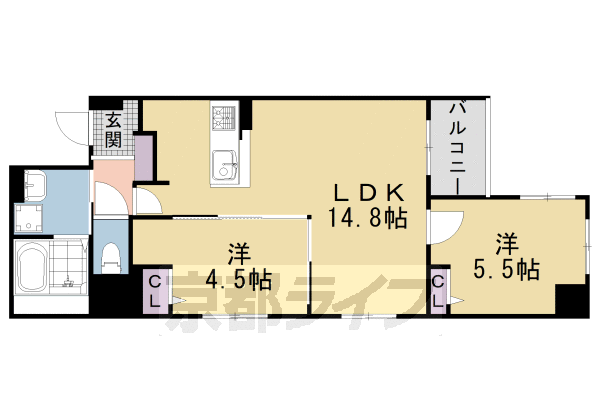 ■2LDK：洋4.5×洋5.5×LDK14.8(55.57㎡)