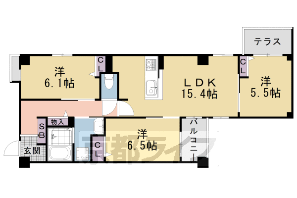 ■3LDK：洋6.1×洋6.5×洋5.5×LDK15.4(74.2㎡)