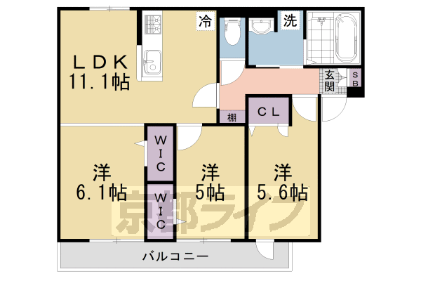 3LDK：洋6.1×洋5×洋5.6×LDK11.1（64.28㎡）