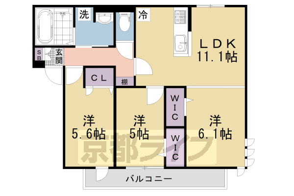3LDK：洋6.1×洋5×洋5.6×LDK11.1（64.28㎡）