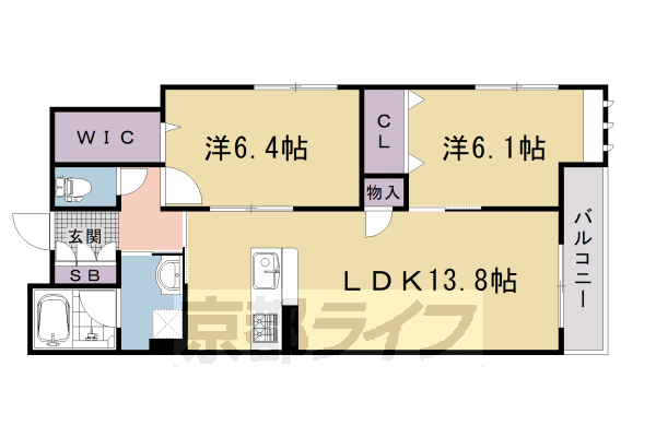 2LDK：洋6.1×洋6.4×LDK13.8(63.32㎡)