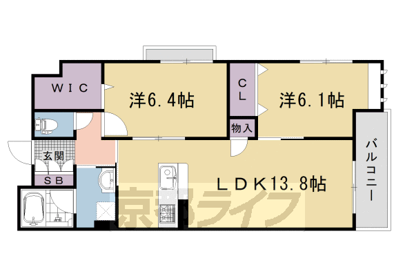 2LDK：洋6.1×洋6.4×LDK13.8(64.02㎡)