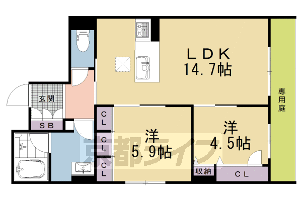 2LDK：洋5.9×洋4.5×LDK14.7(60.47㎡)