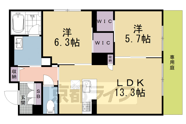 2LDK：洋5.7×洋6.3×LDK13.3(61.57㎡)