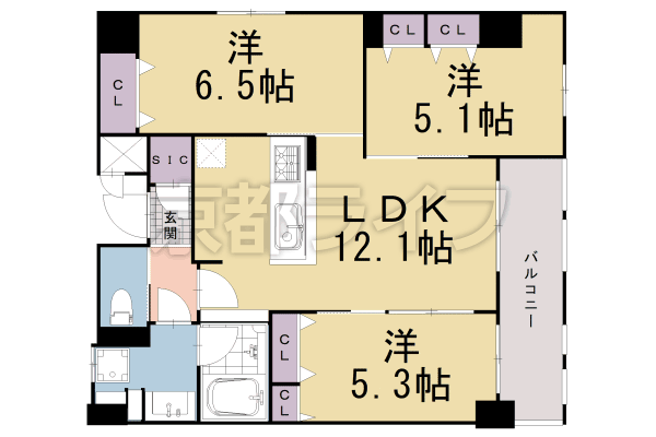 3LDK：洋5.1×洋5.3×洋6.1×LDK12.1（65.76㎡）