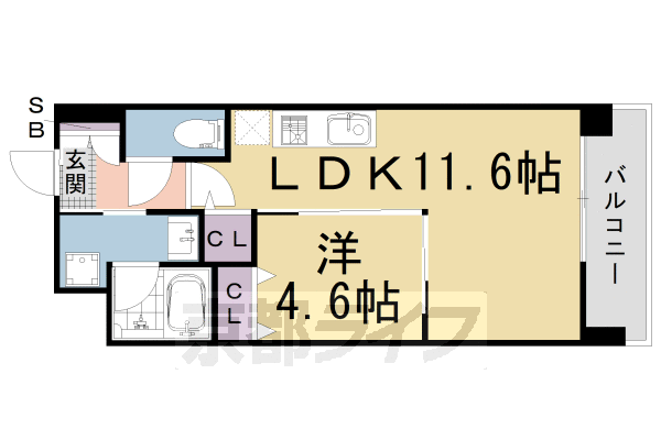 1LDK：洋4.6×LDK11.6（38.38㎡）