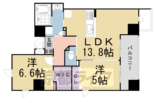 2LDK：洋5×洋6.6×LDK13.8（60.37㎡）