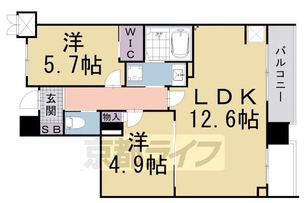 2LDK：洋4.9×洋5.7×LDK12.6（53.67㎡）