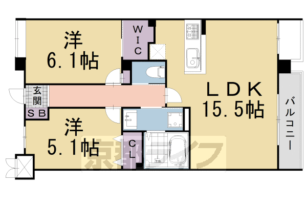 2LDK：洋5.1×洋6.1×LDK15.5（60.43㎡）