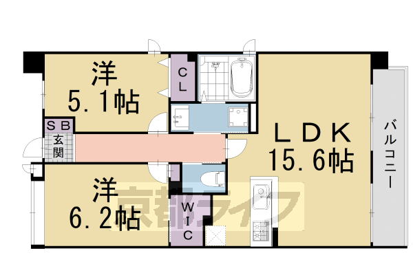 2LDK：洋5.1×洋6.2×LDK15.6（60.4㎡）